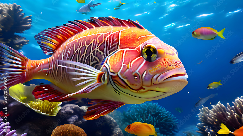 Fototapeta premium A vibrant, adult snapper with a pinkish-red back, white belly, and distinctive yellow fins, swimming in a coral reef with subtle water ripples, surrounding sea anemones.