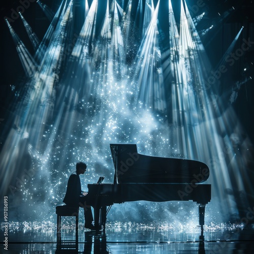 Symphony of Passion: A Pianist Commanding the Stage with a Grand Piano, Enveloped in the Mystical Aura of Smoke and Lightning Effects