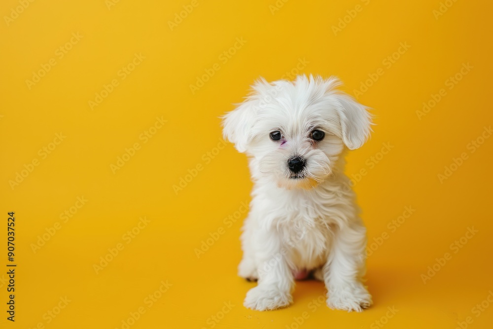 Portrait of a cute Maltese breed puppy. Small white dog on bright yellow fashionable background Portrait of a cute Maltese breed puppy. Small white dog on bright yellow fashionable background