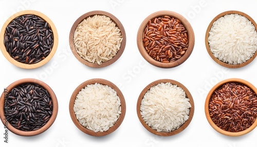 Various types of rice grains isolated on white background for mockup. Carbohydrate, starch, carbs, healthy, organic photo