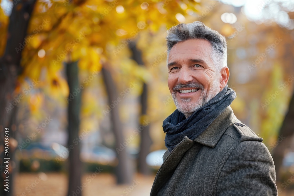 Portrait of happy positive mature man with broad smile in elegant clothes on an autumn walk in city park Portrait of happy positive mature man with broad smile in elegant clothes on an autumn walk in city park