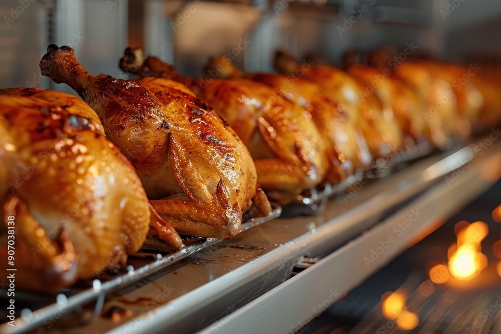 Roasted chicken in a row turning at industrial roaster Roasted chicken in a row turning at industrial roaster