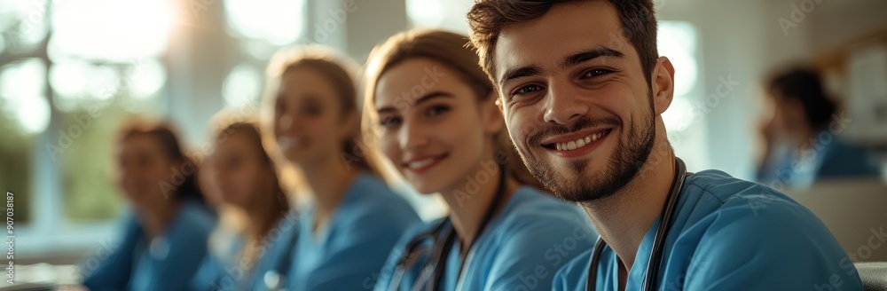 Group of smiling medical students in uniform Group of smiling medical students in uniform