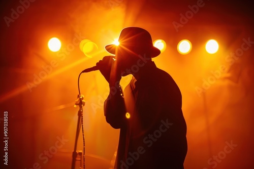 Silhouette of a musician with a hat singing into a microphone on stage, illuminated by vibrant orange photo