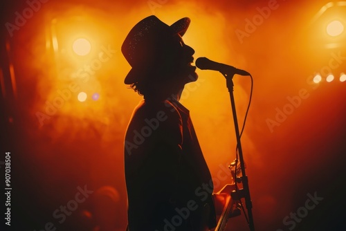 Silhouette of a musician with a hat singing into a microphone on stage, illuminated by vibrant orange photo