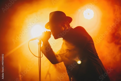 Silhouette of a musician with a hat singing into a microphone on stage, illuminated by vibrant orange photo