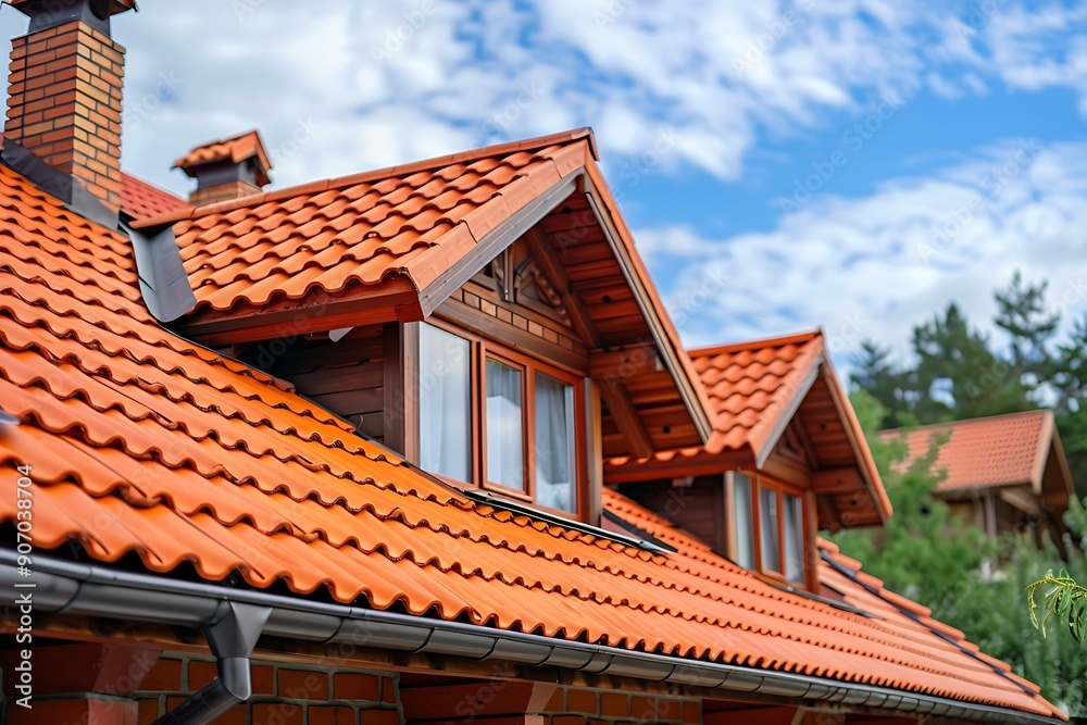 The roof of the house is made of red tiles against the sky. The roof of the house is made of red tiles against the sky.