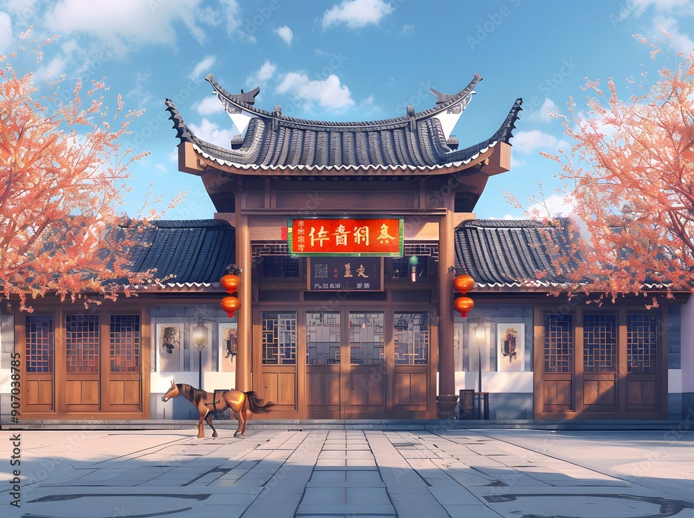 Fototapeta premium A traditional Asian building adorned with cherry blossoms and red lanterns, with a horse standing nearby. The scene exudes a serene and cultural ambiance, blending nature and architecture beautifully.