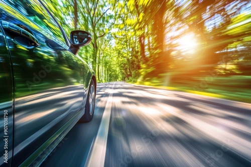 Speeding car with natural energy technology. Low angle side view of car driving fast on motion blur photo