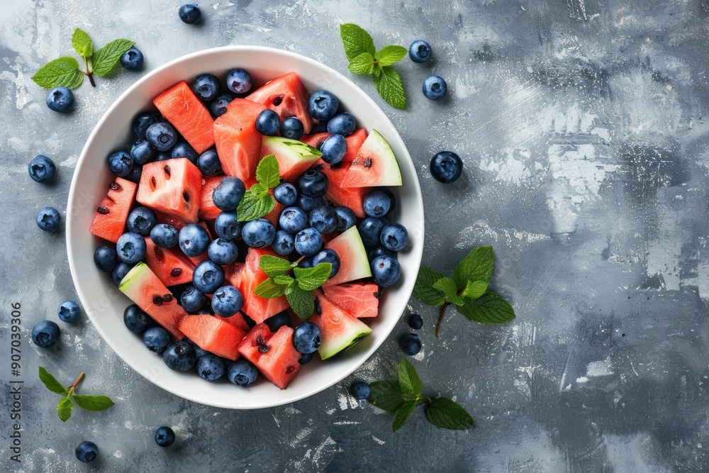 Summer fruit salad of watermelon and blueberries, flat lay