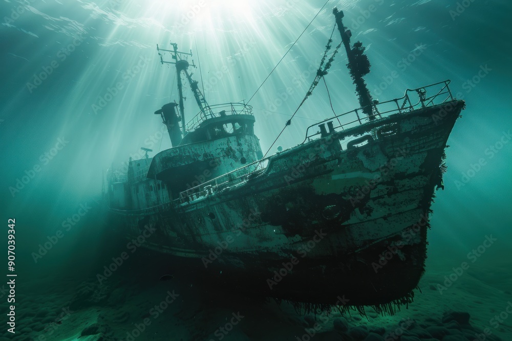 sunken fishing ship underwater on the ocean floor