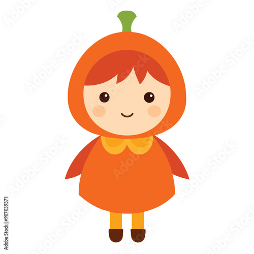 Cute Little Girl in Pumpkin Halloween Costume Vector Art Illustration.