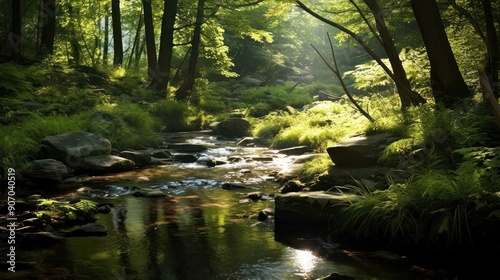 Sunbeams Illuminating a Tranquil Forest Stream © kartolo