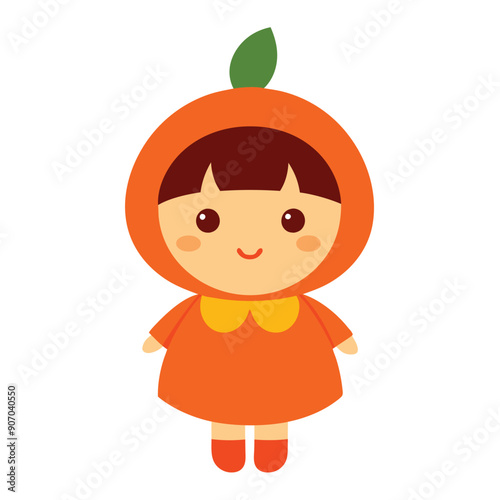 Cute Little Girl in Pumpkin Halloween Costume Vector Art Illustration.