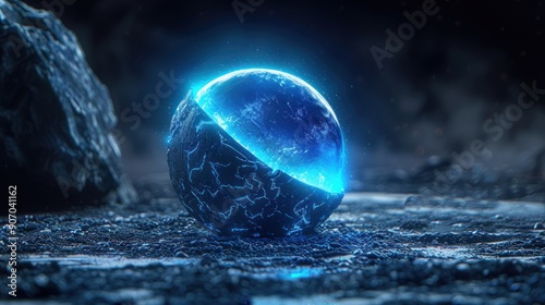 Fototapeta Naklejka Na Ścianę i Meble -  3d render of surreal abstract art 3d energy substance ball sphere or planet in deformation process with blue neon glowing ai generated