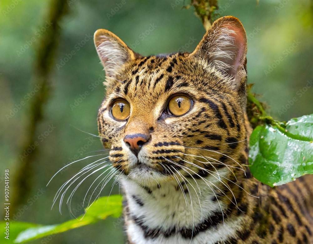 Fototapeta premium Leopardus wiedii. Felis wiedii. Margai is a wild forest tree cat. Amazon. Ecuador. Forests near the Amazon River. Jungle. Travel around Ecuador.