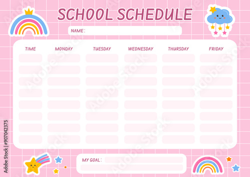 School schedule for kids. Template school timetable for preschool, kindergarten. Timetable for elementary school. Weekly planner template for kids. Back to school planner. Education lessons plan.