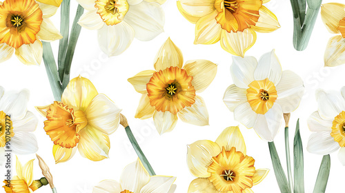 Watercolor vintage daffodil patterns with soft blending, gentle and airy, white background