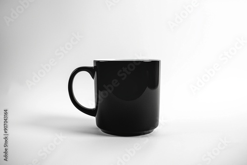 Minimalist image featuring a black coffee mug shape against a pure white backdrop.