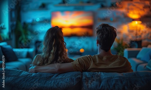 A couple is watching TV, with the man snoring, illustrating the blend of technology and emotions in everyday life.