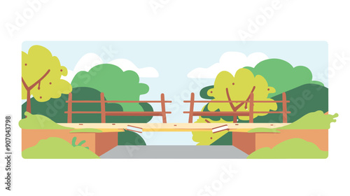 Broken wooden bridge vector illustration, gap between edges, countryside landscape. Cartoon style damaged bridge, disconnected pathway, sunny day outdoor scene. Vector graphic broken bridge