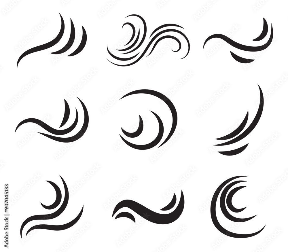 Doodle wind motion. Isolated vector set of abstract air swirls, blow waves, curve spirals in black colors, capturing the dynamic essence of movement and energy in a playful and artistic cartoon manner Doodle wind motion. Isolated vector set of abstract air swirls, blow waves, curve spirals in black colors, capturing the dynamic essence of movement and energy in a playful and artistic cartoon manner