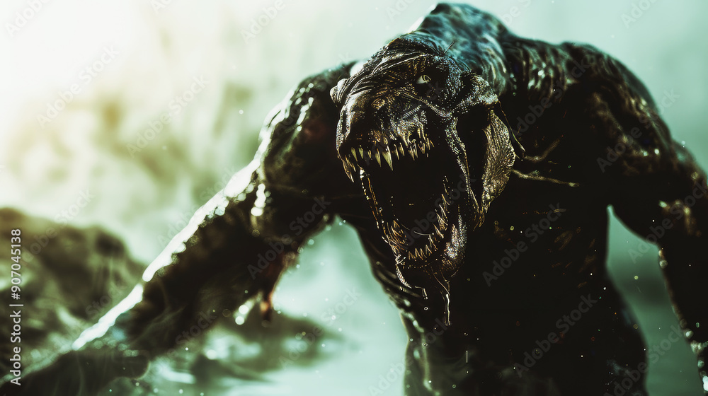 Photo of swamp monster snarling at camera with sharp teeth and slimy skin, set in a dark, foreboding swamp on defocused plain background Photo of swamp monster snarling at camera with sharp teeth and slimy skin, set in a dark, foreboding swamp on defocused plain background