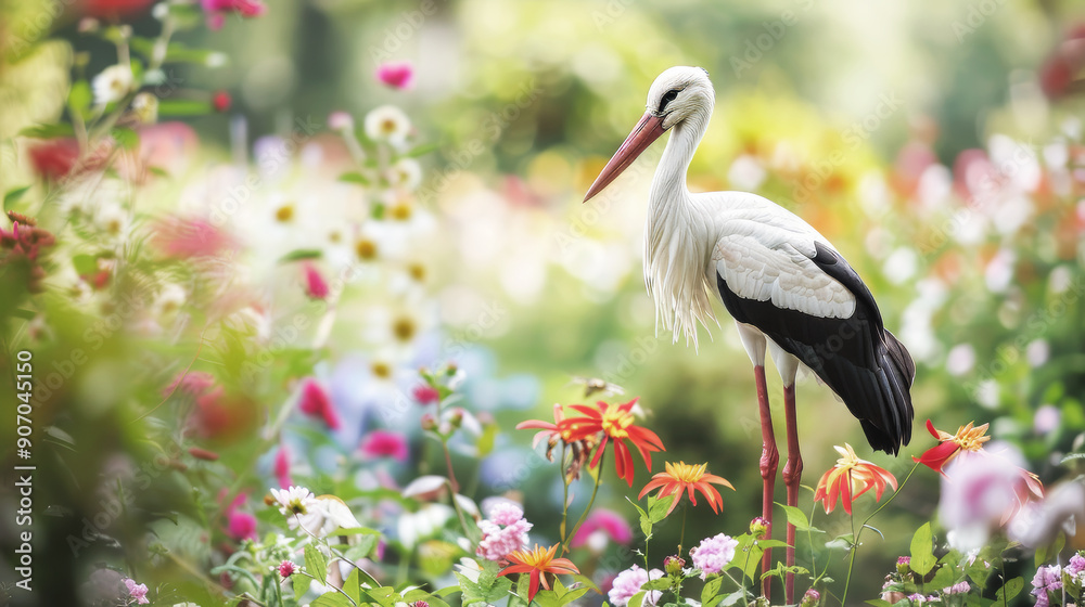 Fototapeta premium Stork standing gracefully among vibrant flowers in a garden. The bird's white feathers contrast beautifully with the colorful blooms