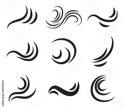 Doodle wind motion. Isolated vector set of abstract air swirls, blow waves, curve spirals in black colors, capturing the dynamic essence of movement and energy in a playful and artistic cartoon manner