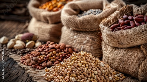 Assortment of oriental spices in a wooden dish. Ingredients containing iron and dietary fiber, natural sources of ferrum, healthy lifestyle, food and nutrition.