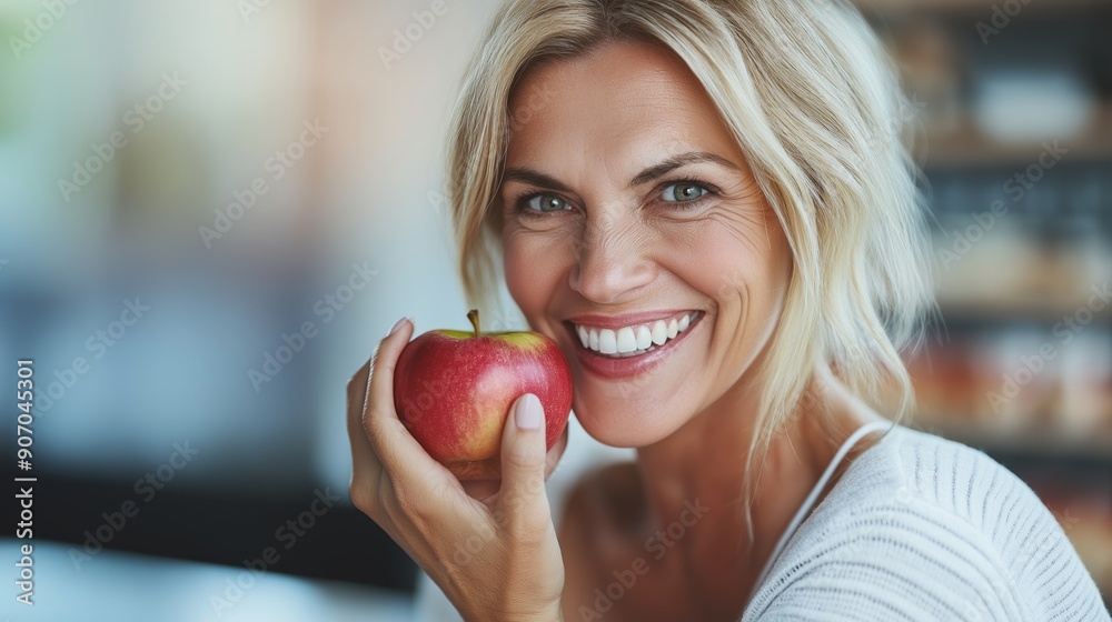 Smiling woman holding a red apple, highlighting her healthy lifestyle and joyful expression. The blurred background emphasizes her radiant smile and vibrant personality Smiling woman holding a red apple, highlighting her healthy lifestyle and joyful expression. The blurred background emphasizes her radiant smile and vibrant personality