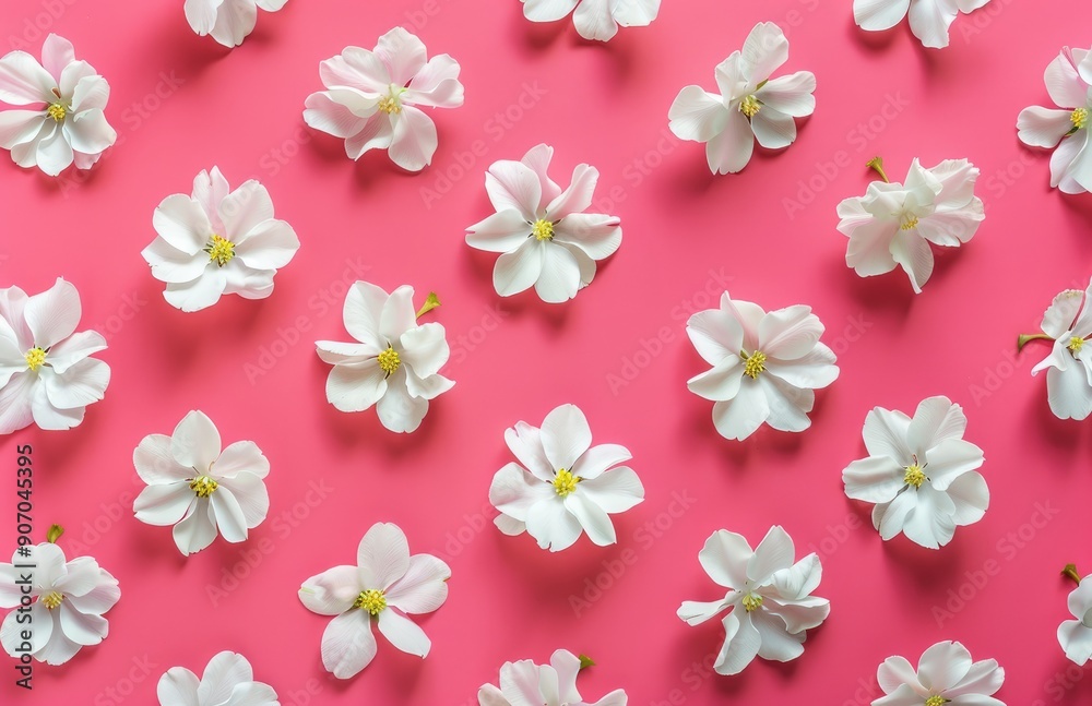 White cherry blossom flowers on pastel pink flat surface floral background. Spring vibes. White cherry blossom flowers on pastel pink flat surface floral background. Spring vibes.