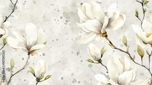 Watercolor vintage magnolia patterns with splattering, energetic and lively, light gray background