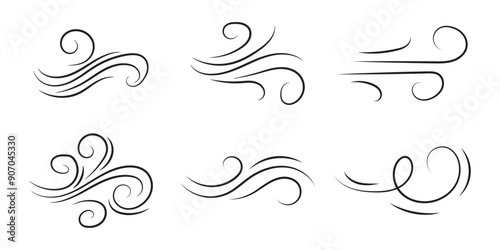 Doodle wind line sketch set. Hand drawn doodle wind motion, air blow, swirl elements. Sketch drawn air blow motion, smoke flow art, abstract line. Isolated on white background . vector illustration.