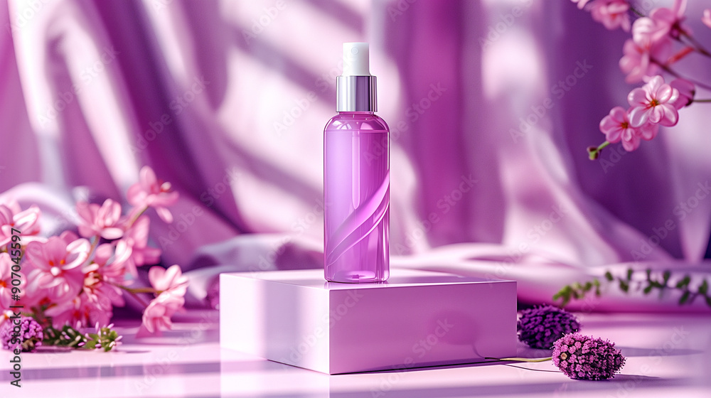 Modern and Elegant Skincare Bottle Display in a Fresh Spa Environment Modern and Elegant Skincare Bottle Display in a Fresh Spa Environment