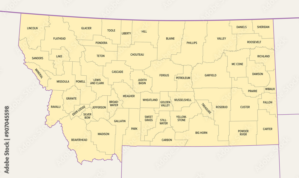 Fototapeta premium Montana, U.S. state, subdivided into 56 counties, political map with borders and county names. State in the Mountain West region of the United States, nicknamed Big Sky Country, and Treasure State.