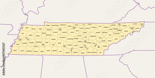 Tennessee, subdivided into 95 counties, political map with borders and county names. Landlocked state in the Southeastern region of the United States, nicknamed The Volunteer State. Illustration