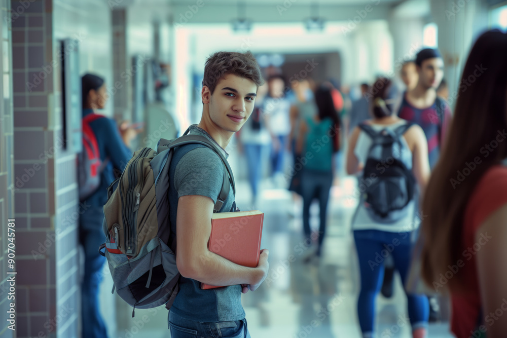 A Confident Student Walking Through a Busy University Hallway During a Vibrant Afternoon A Confident Student Walking Through a Busy University Hallway During a Vibrant Afternoon
