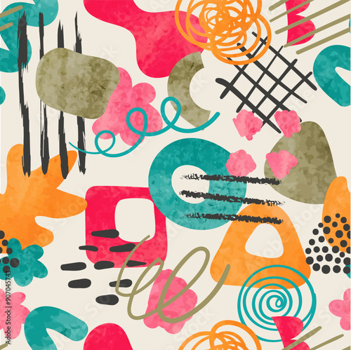 Abstract watercolor shapes seamless pattern. Colorful geometric vector print....