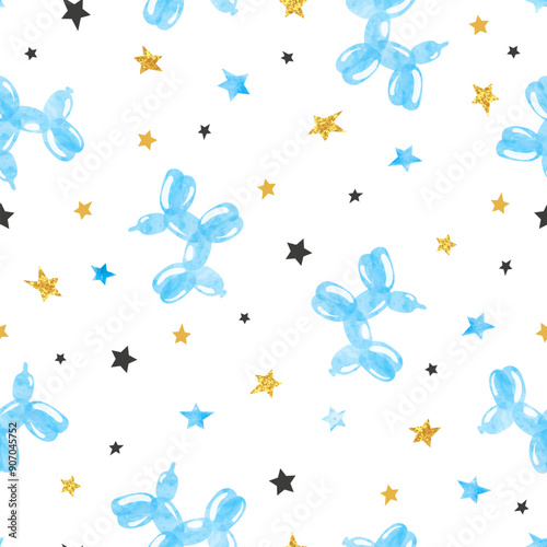 Blue balloon dogs seamless pattern. Cute watercolor print with balloons and stars. Birthday party vector illustration