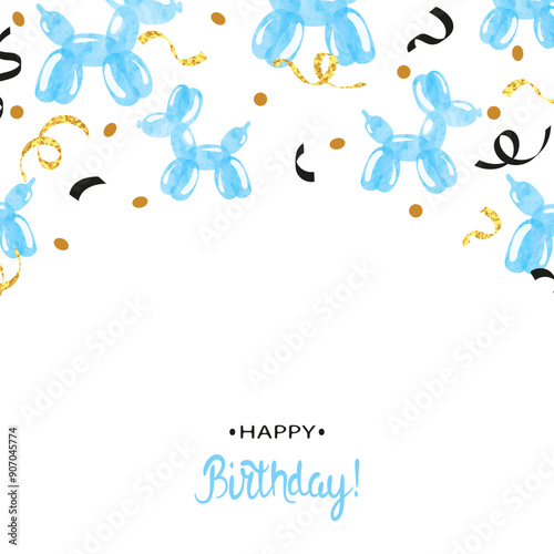 Happy Birthday card with blue watercolor dog balloons. Vector party illustration