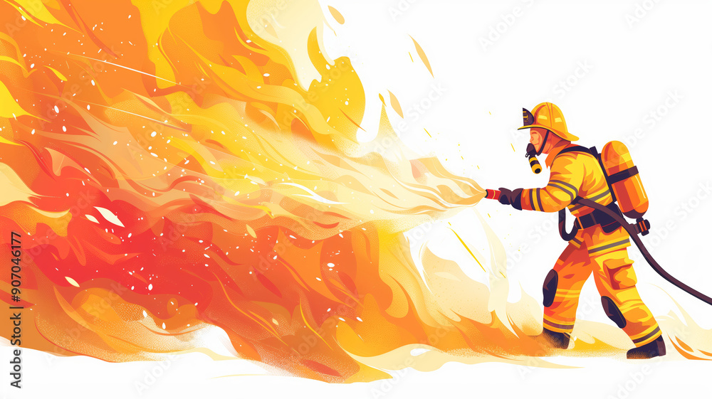 Cheerful Firefighter Joyfully Battling Flames With Water Hose on a Bright Day Cheerful Firefighter Joyfully Battling Flames With Water Hose on a Bright Day