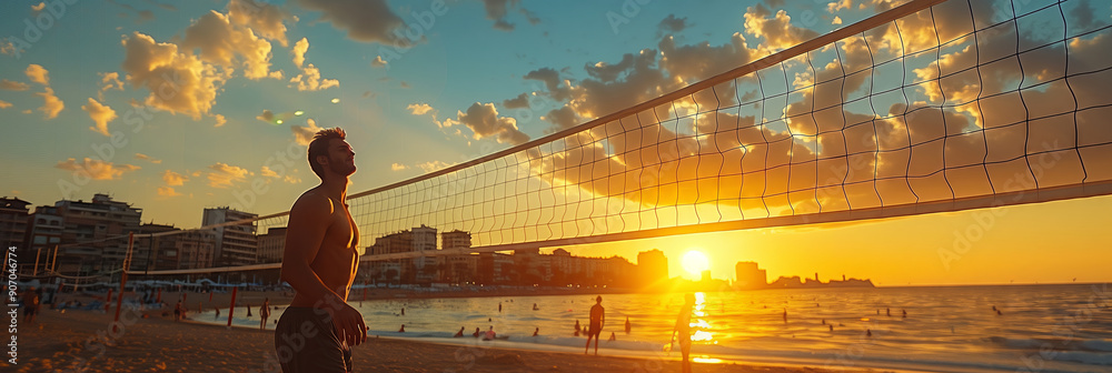 Obraz premium Dynamic Volleyball Player Executing a Stunning Spike Under a Colorful Sunset Sky