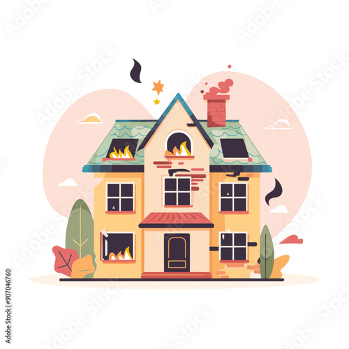 Burning cartoon house flames coming windows, roof, chimney. Cartoon style residential home fire disaster illustration against sky background. Emergency situation twostory house fire, visible smoke