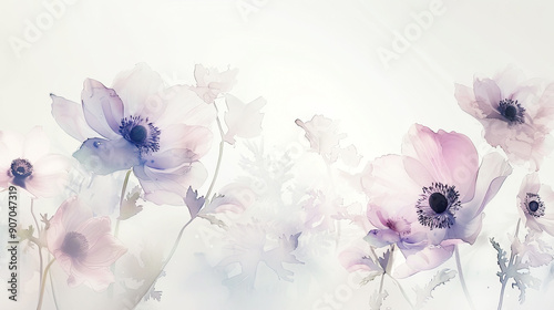 Watercolor whimsical anemones in wet-on-wet style, soft pastel blending, white background