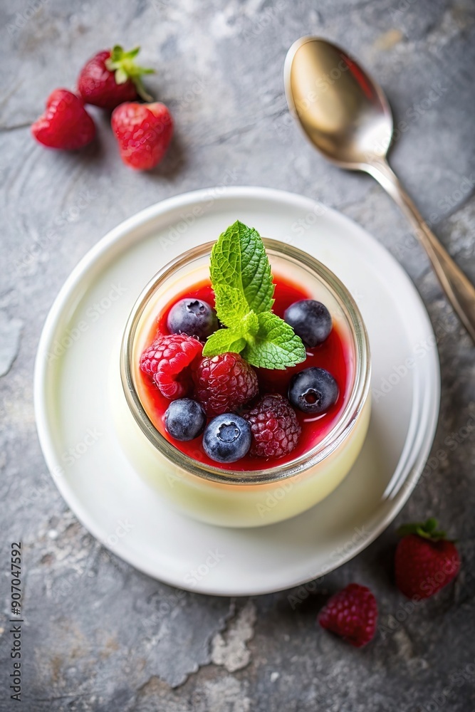 Delicious panna cotta with fruit coulis and fresh berries on light grey table, top view. Space for text Delicious panna cotta with fruit coulis and fresh berries on light grey table, top view. Space for text