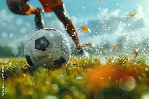 A man runs after a ball on a football field, close-up of his leg and the ball. Football match at the Olympic Games photo