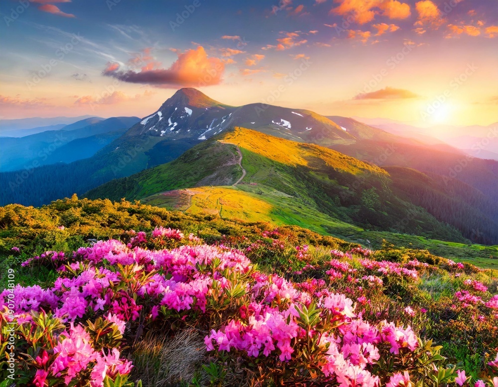 Magic pink rhododendron flowers on summer mountain Magic pink rhododendron flowers on summer mountain