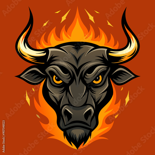 aggressive blazing bull face with fire vector illustration