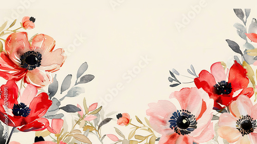 Watercolor whimsical anemones with negative space, bold and vibrant flowers, light beige background